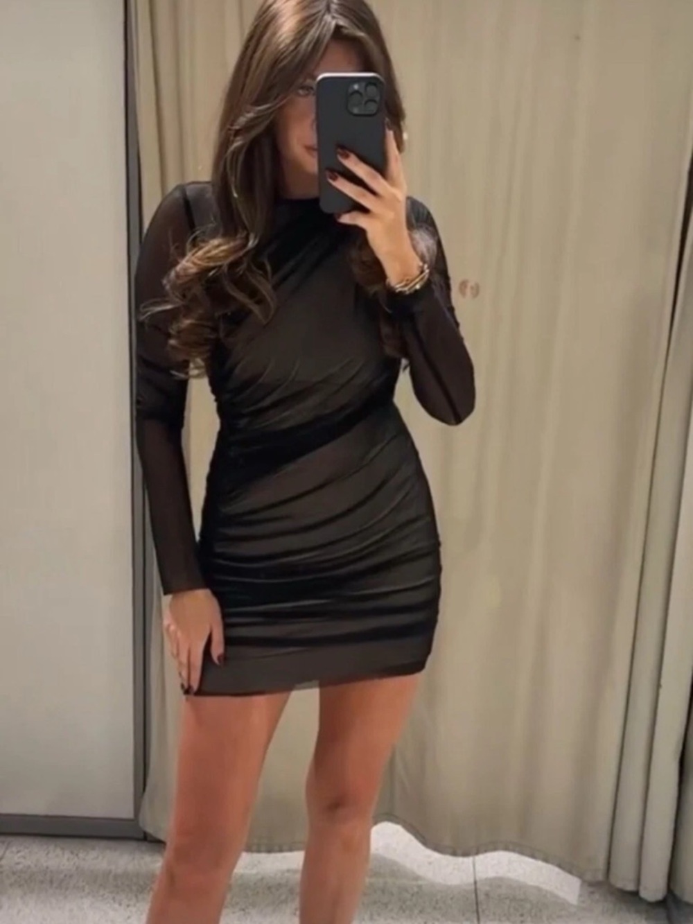 Zara - NWT black & nude ruched tulle mesh mini dress